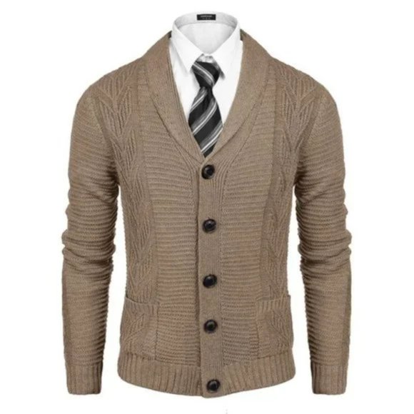New Men's Shawl Collar Cardigan Sweater Khaki - Picture 2 of 7